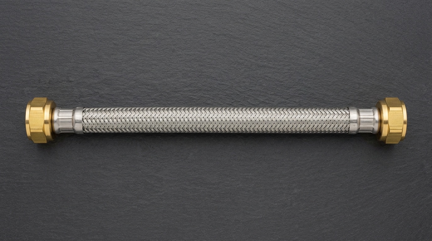 The same hose brand new, with clean stainless braid and polished brass nuts