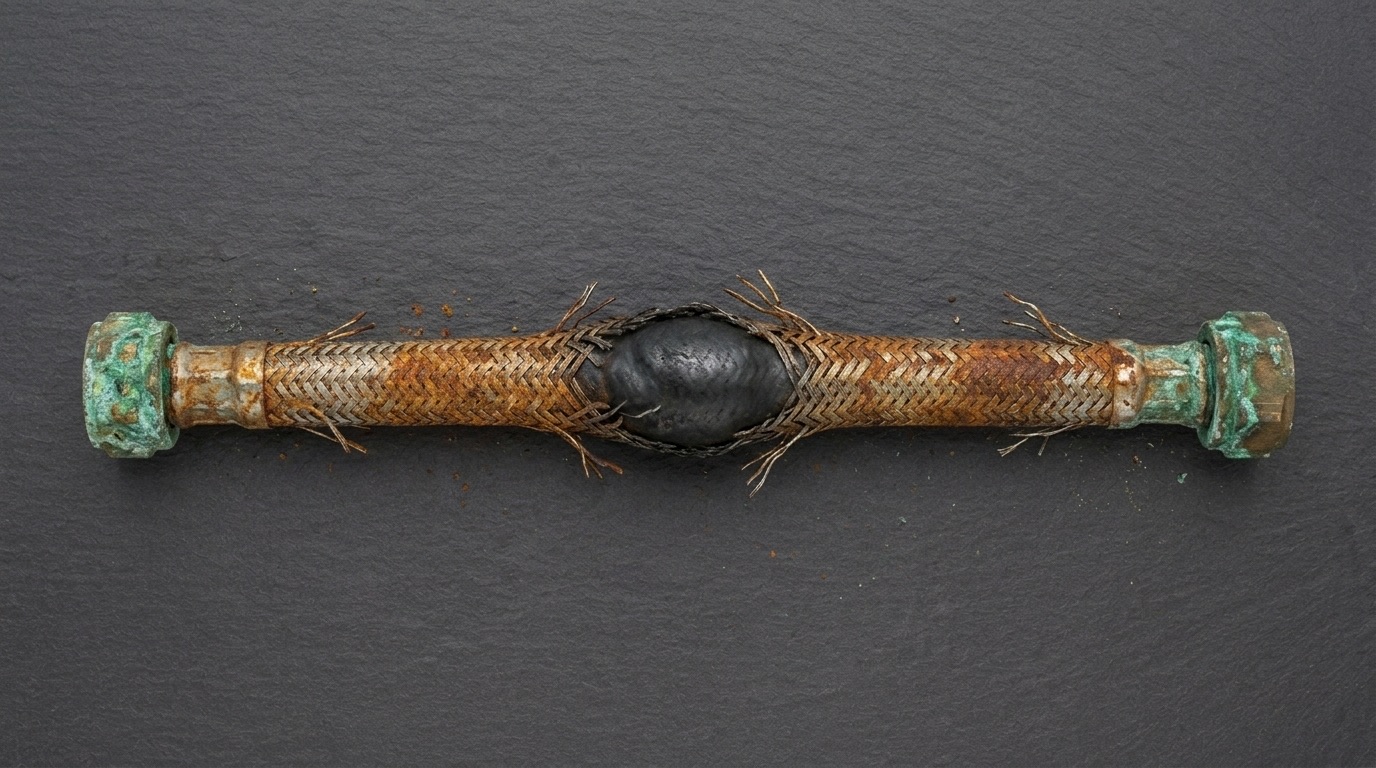 A decades-old braided hose, heavily rusted with frayed wire strands and a bulge in the braid
